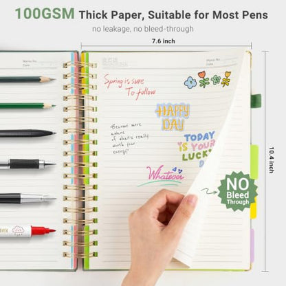 Hardcover Spiral Journal Notebook, 300 Pages 5 Subject Notebook College Ruled with Removable Dividers Tabs, 8" x 10" Notebooks for Work, Spiral Ruled Lined Writing Journal Hardcover Leather Notebook for School (Matcha Green, 8''x 10'') - color: Matcha Gre