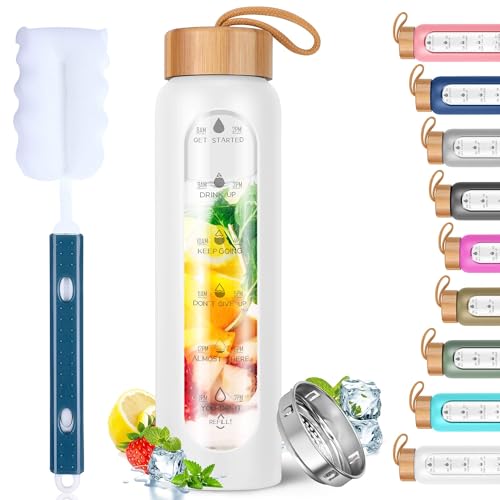 Aqulea Glass Water Bottles 25 Oz with Silicone Sleeve - BPA Free Reusable Wide Mouth Glass Motivational Water Bottles with Fruit Infuser – Leak Proof Borosilicate Water Bottle with Time Marker (White) - color: White, size: 25 Ounces