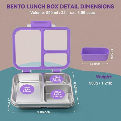 Stainless Steel Bento Box for Kids, 3-Compartment Metal Lunch Box with Clear Lid & Removable Silicone, Lunch Box Kids with Silicone Inner Container for Meal Prep, School, Office (Purple) - color: Purple