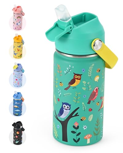 Kids Water Bottle 14oz, Insulated Toddler Water Bottle Stainless Steel | Keeps Cold 24H, Silicone Straw Lid, Leak Proof & Birds Prints Design, Custom Name Tag for School, Daycare, Travel - color: Birds