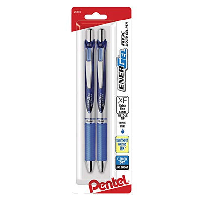 Pentel EnerGel RTX Retractable Liquid Gel Pen, (0.3mm) Needle Tip, Extra Fine Line, Blue Ink, 2 Pack
