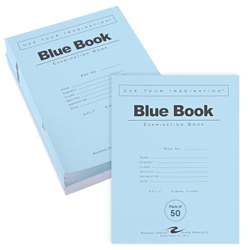 ROARING SPRING Exam Blue Books, 50 School Examination Booklets, 8.5" x 7", 6 Sheets/12 Pages, Wide-Ruled with Margin Student Testbook, Made in USA - size: 6 Sheets/12 Pages