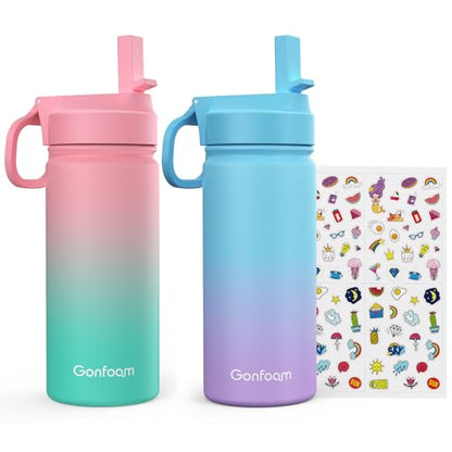 Gonfoam 16oz Kids Water Bottle, 2 Pack Stainless Steel Insulated Cup | DIY Stickers, BPA-free, Leak-proof, Sturdy, Keeps Cold 24h, Easy to Carry, Easy to Clean, Back to School, Gifts - color: Pink+Blue