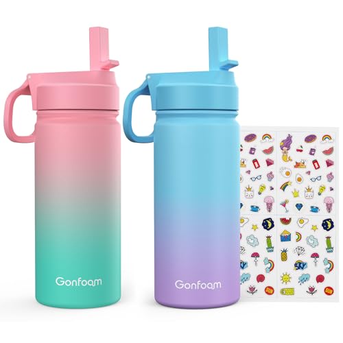 Gonfoam 16oz Kids Water Bottle, 2 Pack Stainless Steel Insulated Cup | DIY Stickers, BPA-free, Leak-proof, Sturdy, Keeps Cold 24h, Easy to Carry, Easy to Clean, Back to School, Gifts - color: Pink+Blue