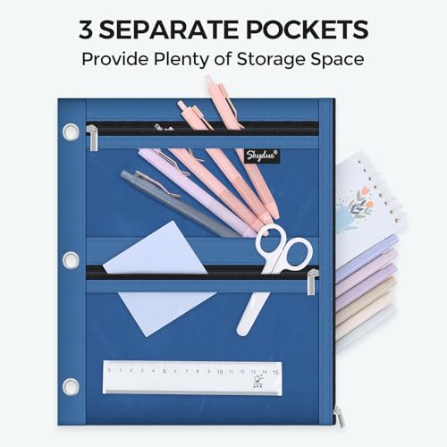SKYDUE Binder Pencil Pouch for 3 Ring Binder, 3 Compartment Zipper Case, Large Capacity Pen Organizer with Clear PVC Window for School Supplies, Students, Kids & Teachers - color: Navyblue