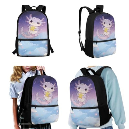 CLOHOMIN Axolotl Kids Backpack Set of 3 with Lunch Bag for Girls 10-12 Primary Schoolbag and Lunch Box and Water Bottle Bag Set School Book Bags for Middle School Kids Large Capacity Bookbag - color: Axolotl Star