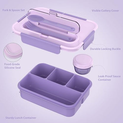 Caperci Bento Box Adult - 50 oz Large Lunch Containers for Adults and Teens, 4-Compartment Bento Lunch Box with Utensils & Leak Proof Sauce Cup, Dishwasher Safe, Durable, BPA-Free (Lavender) - color: Lavender