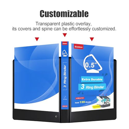 COMIX Heavy Duty 0.5 inch Slant-D Ring View Binder, 1/2 inch 3 Ring Binders, Hold 125 Sheets of 8.5" x 11" Paper, 8 Pack (Black) - color: Black, size: 1/2 inch, style: 8 Pack