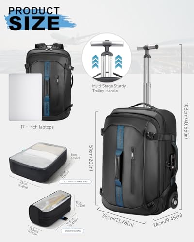 Travel Rolling Backpack Carry-On Set with 2 Storage Bags, 50L Wheeled Laptop Backpack with Wheels, Water-Resistant Luggage for Commute, Work, Travel, Camping & Fitness - color: Black-517