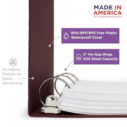 Carstens 2-Inch Heavy Duty 3-Ring Binder - Top Opening, Wine, Durable Plastic, No-Gap Rings, Waterproof Cover, No Pockets, Holds 300 US Letter Sheets, BPA-Free, Made in USA (2873-3R), Case of 16 - color: Burgundy, size: Case of 16