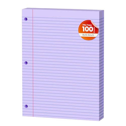 Purple Loose Leaf Paper 100 Sheets Colored Filler Paper 8 * 10.5 College Ruled Paper 3-Hole Punched Paper for 3-Ring Binders Notebook Lined 8" x 10.5" - color: Purple 1 Pack