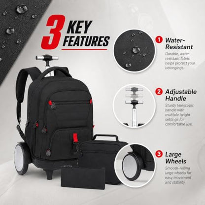 CCJPX 3Pcs Men & Boys Rolling Backpack with Bigger Wheels, Extra-Large Wheeled Bookbag with Lunch Box, Water Resistant Extra-Large Roller Luggage for Travel, Work, College (Black) - color: Black(upgrade Large Wheel)