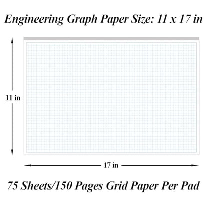 (3-Pack) Engineering Graph Paper Pad - 17" x 11" Grid Paper for Engineering, Drafting, Blueprint Drawing, 75 Sheets/150 Pages 4x4 Blue Quad Rule by Better Office Products - size: 3-Pack