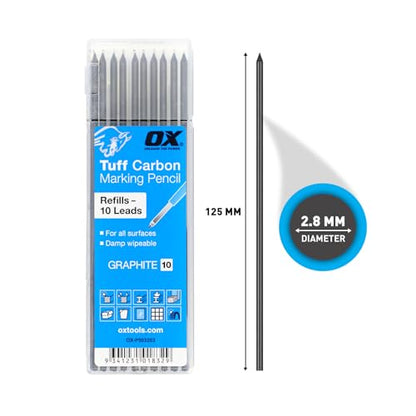 OX Tools 2.88 mm Tuff Carbon Marking Carpenter Pencil Lead Refills – 10 Pack Break Resistant Graphite Replacements for Construction, Woodworking & Deep‑Hole Mechanical Pencils - style: 10 Refill Leads – Graphite