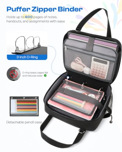 Puffer Zipper Binder 3 Ring with Pencil Pouch, 3" D-ring Binder with Zipper and Shoulder Strap, 600+ Sheets Capacity Zip Up Binder with 15.6" Laptop Pocket, Binder Bag for School College Office, Black - color: Black