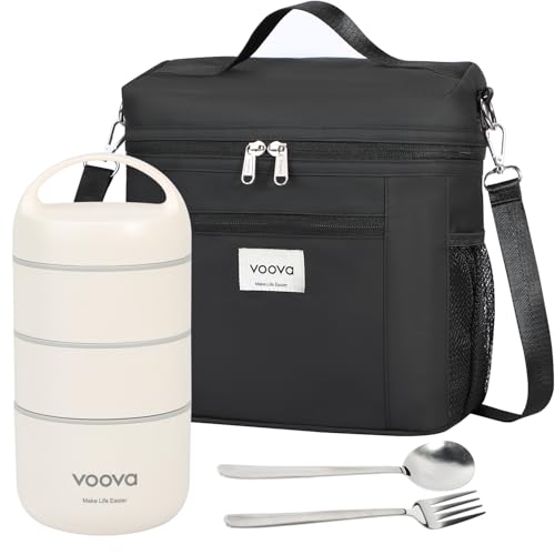 Voova Stackable Stainless Steel Thermal Lunch Box with Lunch Bag and Cultery Set for Adult Women Men, 3 Tier Leakproof & Microwave Safe Insulated Bento Boxes Food Container for Work, Black - color: Black