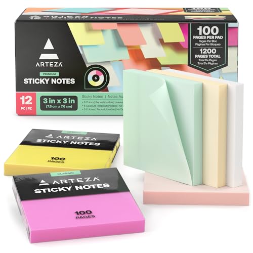 ARTEZA Sticky Notes, 3x3 Inches, 12 Pads, Bulk Pack of Assorted Multicolor Self-Adhesive Notes for Office, School & Home