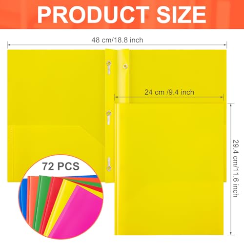 Cholemy 72 Packs Pocket Folders with Prongs Heavy Duty Plastic Folder with Business Card Slot 3 Prong Fasteners for School Office (Vivid) - color: Vivid