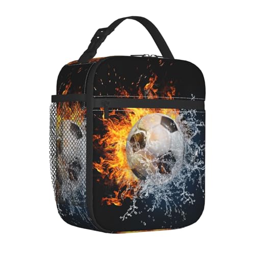 Insulated Durable Football Lunch Box with Shoulder Strap, Kids Adult Fire And Water Soccer School Lunch Bag, Lunch Tote Box Bag for Office School Picnic Beach Travel - color: Football