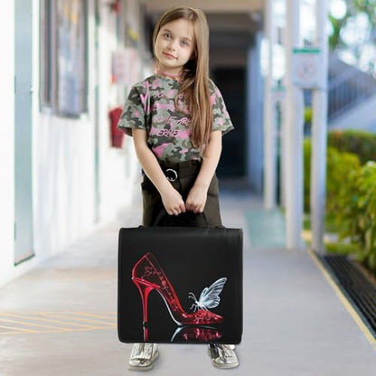 Red High Heel Shoe and White Butterfly Silhouette 3 D-Ring 2 inch Zipper Binder Bag with Shoulder Strap, Multi-Pocket Portfolio Organizer Case for 13 Inch Laptop Middle School - color: Red High Heel Shoe and White Butterfly Silhouette