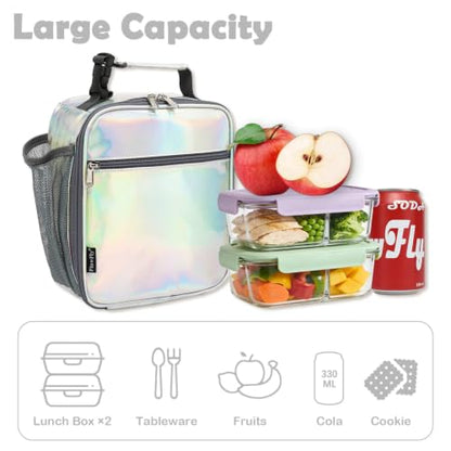 FlowFly Kids Lunch box Insulated Soft Bag Mini Cooler Back to School Thermal Meal Tote Kit for Girls, Boys(Holographic) - color: Holographic