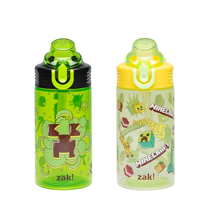 Zak Designs Minecraft Sage Kids Water Bottle For School or Travel, 16oz Durable Plastic Water Bottle With Straw, Handle, and Leak-Proof, Pop-Up Spout Cover, 2-Pack Set (Creeper) - color: Minecraft (Creeper)