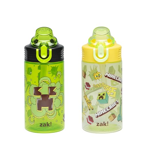 Zak Designs Minecraft Sage Kids Water Bottle For School or Travel, 16oz Durable Plastic Water Bottle With Straw, Handle, and Leak-Proof, Pop-Up Spout Cover, 2-Pack Set (Creeper) - color: Minecraft (Creeper)