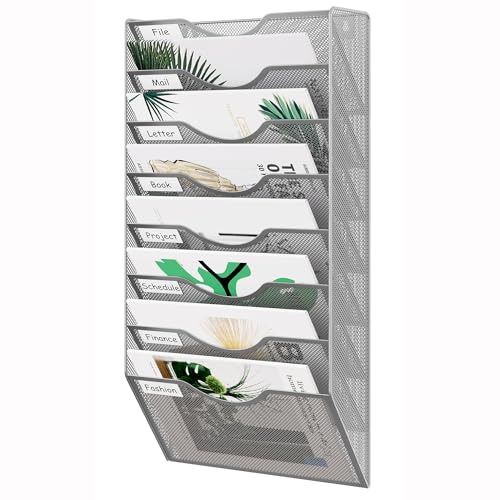 EasyPAG 8 Pocket Mesh Wall File Organizer, Hanging Paper Folder Holder with Classify Label, Vertical Wall Mount Mail Organizer for Office Home Classroom, Silver - color: Silver, size: 8 Tier