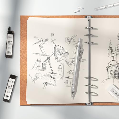Four Candies 2PCS 0.5mm & 0.7 mm Metal Mechanical Pencils Set, 360PCS Lead Refills, 12 Erasers, Cool Lead Pencil with Case for School Writing, Sketching, Technical Work, Art Projects, Silver - color: Silver