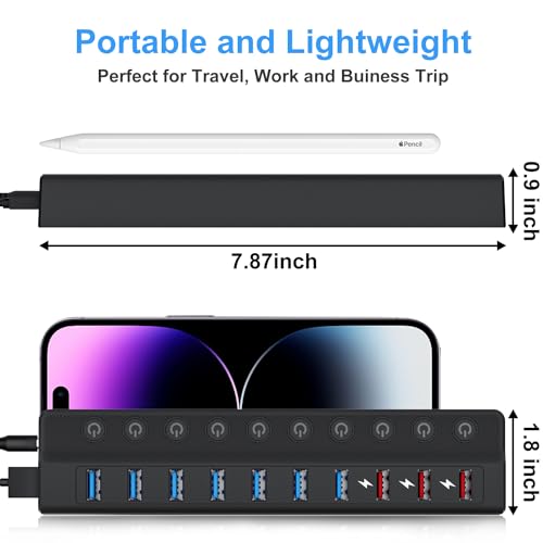 ONFINIO Powered USB Hub, 10-Port USB Splitter Hub | (7 Faster Data Transfer Ports+ 3 Smart Charging Port) with 12V/3A Power Adapter USB Extension for Mac, PC and More - style: 10 PORT QC 3.0
