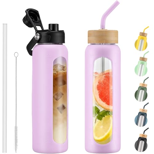 Kodrine 32 oz Glass Water Bottle with Straw & Spout Lids, Motivational Time Marker, Borosilicate Glass Bottle with Silicone Sleeve, Leakproof, Wide Mouth, BPA-Free for Gym, Fitness-Light Purple - color: Light purple, size: 32 Ounces