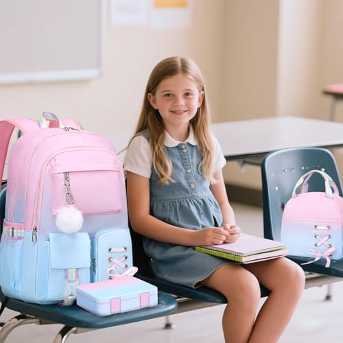 Scothen Backpack for Girls with Bento Lunch Box Set, School Bag Bookbag for Teens Girls Kids Student, 43oz Lunch Containers Lunchbox, Insulated Lunch Bag & Pencial Case, Back to School Gifts - color: Pink Blue
