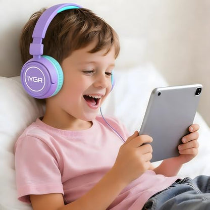 K6C Kids Headphones with USB-C, for Toddler & Kids Ages 2-12, 85dB Safe Volume Limited, Adjustable Headband & Foldable Wired, On-Ear Headphones for School, Travel, Tablet, iPad - color: Purple