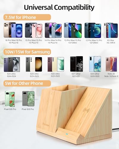 3-in-1 Bamboo Wireless Charger with Desk Organizer, Bamboo Pen Holder for Desk, 15W Fast Wireless Charger with Pen Holder for Home Office Supplies, Compatible with iPhone and Samsung - color: Bamboo