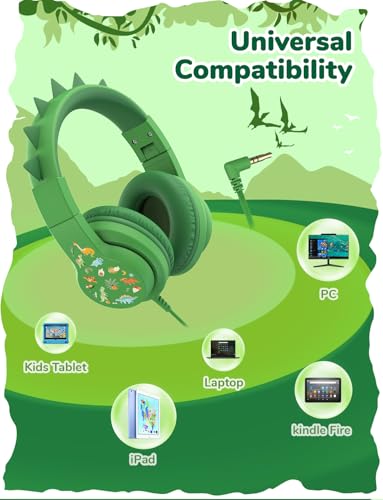 iClever Kids Headphones for School Travel, Safe Volume 85dBA, Stereo Sound Over-Ear for Kid, Foldable 3.5mm Wired Dinosaur Headphones for iPad Computer, HS19S - color: Dinosaur Green