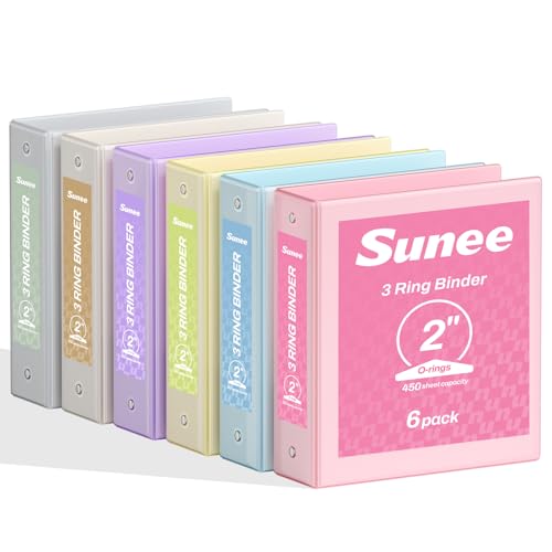 SUNEE 2 Inch Binders 3 Ring 6 Pack, Clear View Three Ring 2" Binders PVC-Free (Fit 8.5x11 Inches) for School or Office Supplies, Pastel 6 Colors - color: Pastel Assortment, size: 2 Inch