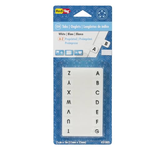 Redi-Tag Alphabetical Tabs, A - Z Pre-Printed Divider Tabs, Permanent Adhesive Index Labels,Divider Labels for School, Home and Office, 7/16" x 1", White, 104 Tabs Per Pack, (B31005)