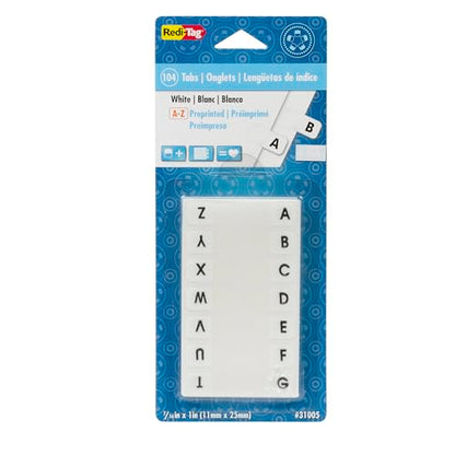 Redi-Tag Alphabetical Tabs, A - Z Pre-Printed Divider Tabs, Permanent Adhesive Index Labels,Divider Labels for School, Home and Office, 7/16" x 1", White, 104 Tabs Per Pack, (B31005)