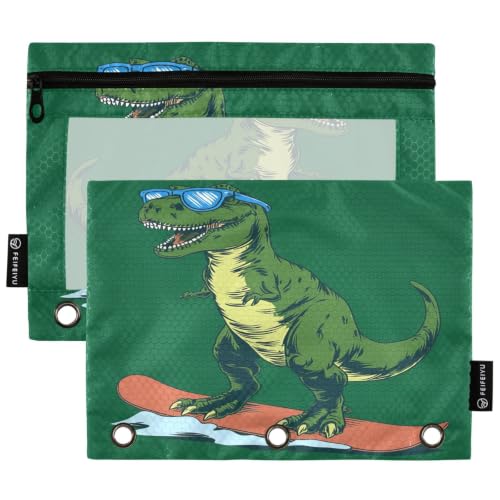 Gredecor 3 Ring Binder Pencil Pouch, Dinosaur Surfer Zippered Pen Case Pouches with Clear Window, 2 Pack Stylish Office & School Supplie - color: Dinosaur Surfer