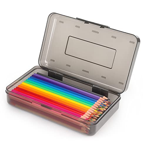 Tamaki 1 Pack Plastic Pencil Box Large Capacity, Black | Clear Boxes with Snap-tight Lid Stackable Design and Stylish Office Supplies Storage Organizer - color: Black