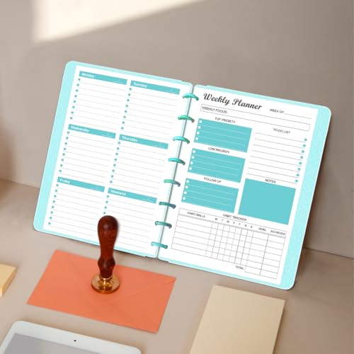 Junior Size Undated Weekly Planner Refills - 8-Disc 53 Sheets/106 Pages Weekly Planner for Half Letter Size, 100 gsm White Paper, Lasts 1 Year, Undated, 5.8" x 8.3", Teal - size: 1-Pack, style: 8-Disc/Junior Size