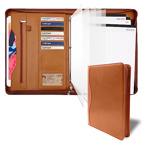 Padfolio Portfolio Folder Binder-Organizer Planner Notebook Zippered Portfolio Padfolio for Women & Men with Document Sleeve,Letter/A4 Size Clipboard,Business Card Holders (Brown-3) - color: Brown-3