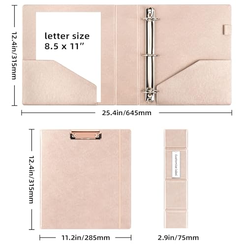 Ospelelf 3 Ring Binder with Clipboard 2 Inch Leather Binder for Letter Size (8.5" x 11"), Clipboard Binder with 5 Tab Dividers Back to School Supply, Rose Gold - color: Rose Gold, size: Letter Size - 2 Inch