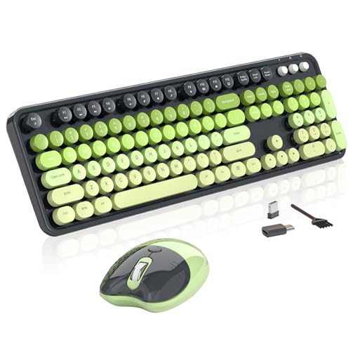 Wireless Keyboard and Mouse, MOFII 104 Round Keycaps Retro Typewriter with OTG & Brush, Full-Size Ergonomic, Ideal for Windows PC, Home, Office and College Gray Green - color: Gray Green