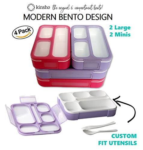 kinsho Bento Box Lunch Boxes and Snack Containers, Value Pack for Kids Girls Boys | Leakproof Portion Boxes for School Pre-School Toddler Daycare Travel, BPA Free | Set of 4, Pink Purple - color: Pink Purple Large + MINI 4 Pack