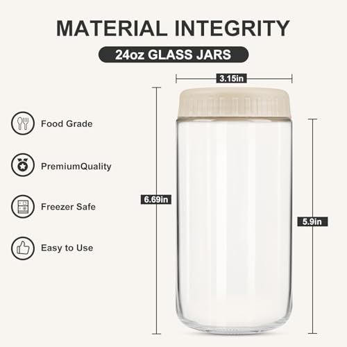 SHOWIN Overnight Oats Containers with Lids, 24oz Glass Jars with Lids 4 pcs, Apricot, Wide Mouth Mason jars for Salad, Yogurt, Snacks, Meal Prep - color: Camel, size: 24oz-4pc