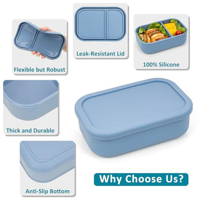100% Silicone Bento Box Adult with 2 Compartments, 32oz, Reusable Divided Lunch Box Meal Prep Containers for Entree and Side Food Snack Storage, BPA-Free Plastic-Free, Microwave Dishwasher safe, Blue - color: Green | 32oz | 2-Compartment