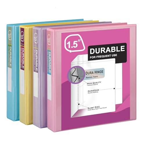 Zzrywuty Durable 3 Ring Binder,1.5 Inch,Economy 4 Pack,Each Holds 300 Pages,D-Ring Presentation View Binders for Office,School,Home (Pastel Assortment) - size: 1.5 Inch, style: Pastel Assortment