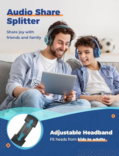iClever 2Pack Kids Headphones with Sharing Splitter - 85dBA Safe Volume Limited - HS22 Wired Headphones for Kids Teens, Tangle-Free 3.5mm Jack Foldable Stereo Headphone for School/Tablet/Travel - color: Navy Blue & Black