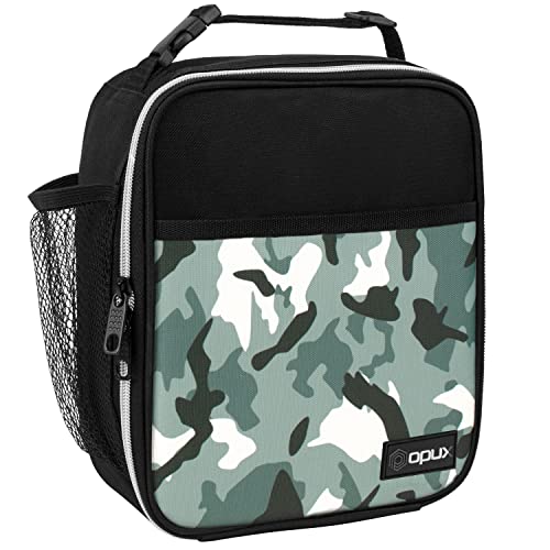 opux Insulated Lunch Bag for Kids Boys Girls, Small Compact Lunch Box with Wide Opening & Mesh Pockets, Reusable Lunch Pail for School, Work, Adults, Men, Women, Camo Green - color: Green Camo